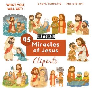 Könnte beinhalten: Eine Sammlung von 45 Aquarell-Cliparts, die die Wunder Jesu darstellen. Das Bild enthält Illustrationen von Jesus, der Wunder wirkt, mit dem Text "What You Will Get", "Canva Template" und "PNG (300 DPI)".
