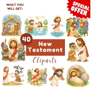 New Testament Cliparts Bundle, Jesus Cliparts, Easter Cliparts, Watercolor biblical bible character story illustration PNG, Bible Story PNG