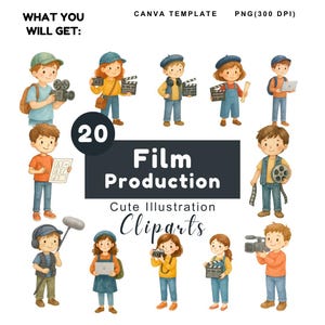 Könnte beinhalten: Eine Sammlung von 20 niedlichen Illustrations-Cliparts zum Thema Filmproduktion. Das Bild zeigt Kinder mit Kameras, Klapptafeln und anderer Filmausrüstung. Der Text enthält "Film Production" und "Cute Illustration Cliparts".