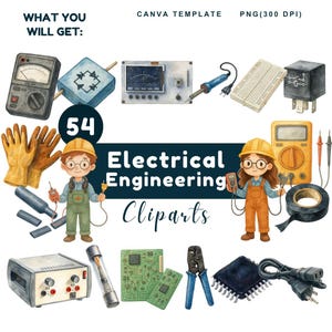 Könnte beinhalten: Aquarell-Illustration von Elektrotechnik-Cliparts. Das Bild enthält eine Vielzahl von Werkzeugen und Geräten, wie Multimeter, Leiterplatten und elektrische Komponenten. Der Text "Electrical Engineering Cliparts" wird angezeigt.