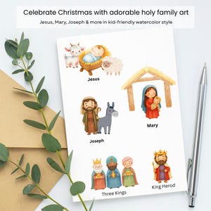 Puede incluir: Una tarjeta blanca con ilustraciones en acuarela de la escena de la natividad, etiquetadas como Jes&uacute;s, Jos&eacute;, Mar&iacute;a, los Tres Reyes Magos y el Rey Herodes. El texto superior dice: Celebrate Christmas with adorable holy family art. Jesus, Mary, Joseph & more in kid-friendly watercolor style.