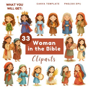 Whimsical Woman in the Bible Clipart, Cute Watercolor Biblical Character, Christian Female Character PNG Eve Esther Rahab Rachel Mary Martha