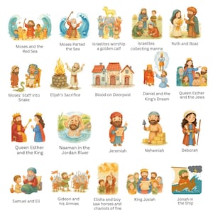 May include: A collection of 20 watercolor illustrations depicting biblical scenes. Each image features characters and settings from various stories, including Moses parting the Red Sea, and Jonah in the ship.