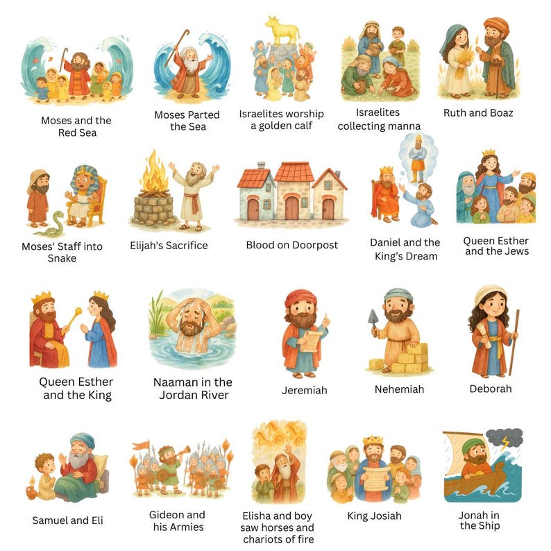 May include: A collection of 20 watercolor illustrations depicting biblical scenes. Each image features characters and settings from various stories, including Moses parting the Red Sea, and Jonah in the ship.
