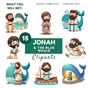 Jonah and the Whale-clipartset: bijbelverhaalillustraties (digitale download)