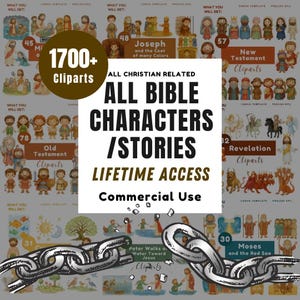 Puede incluir: Una colecci&oacute;n digital de m&aacute;s de 1700 im&aacute;genes predise&ntilde;adas de tem&aacute;tica cristiana con varios personajes e historias b&iacute;blicas. El cuadro de texto central blanco muestra ALL CHRISTIAN RELATED ALL BIBLE CHARACTERS / STORIES LIFETIME ACCESS Commercial Use.