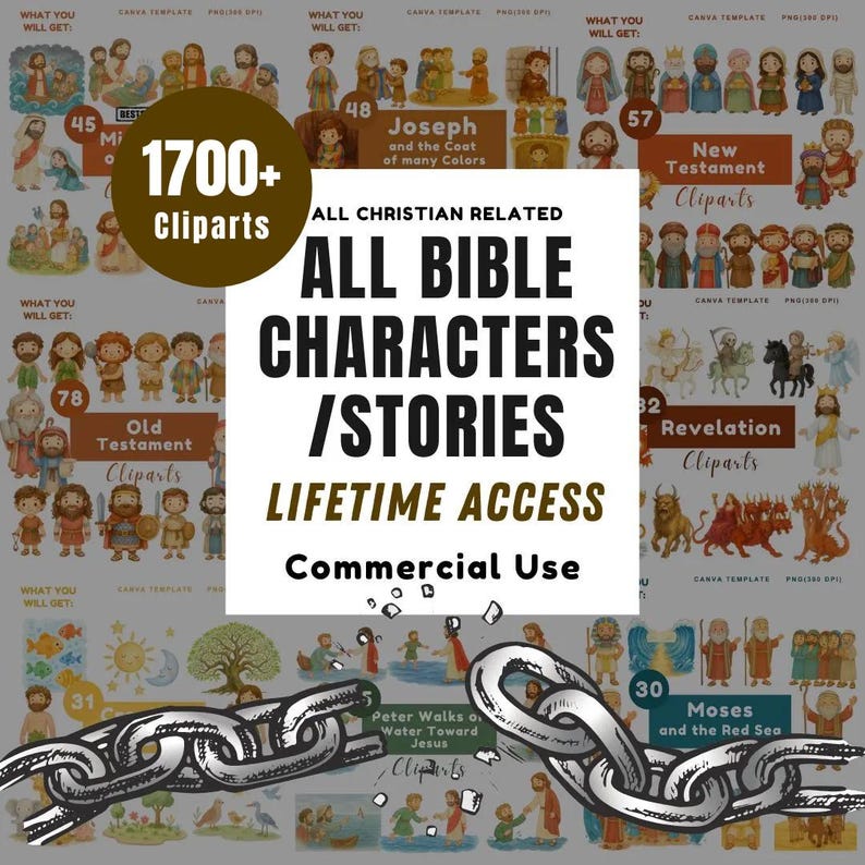 Puede incluir: Una colecci&oacute;n digital de m&aacute;s de 1700 im&aacute;genes predise&ntilde;adas de tem&aacute;tica cristiana con varios personajes e historias b&iacute;blicas. El cuadro de texto central blanco muestra ALL CHRISTIAN RELATED ALL BIBLE CHARACTERS / STORIES LIFETIME ACCESS Commercial Use.