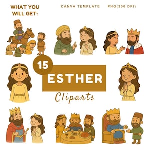 Pacchetto clipart di Ester, donna ebrea, regina di Persia, libro di Ester, illustrazione della storia biblica con download digitale, adesivo trasparente SVG PNG