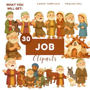 Puede incluir: Ilustración digital con 30 imágenes prediseñadas de Job. Los personajes se representan en varias poses y atuendos, con una paleta de colores de marrones, verdes y amarillos. El texto "JOB Cliparts" se muestra de forma destacada.