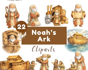 Könnte beinhalten: Eine digitale Sammlung von 22 Noahs Arche Cliparts mit Aquarellillustrationen von Noah, hölzernen Archen, Tieren wie Giraffen, Elefanten und Löwen sowie verschiedenen Szenen des Bauens und Segelns, als Canva-Vorlage im PNG-Format gekennzeichnet.