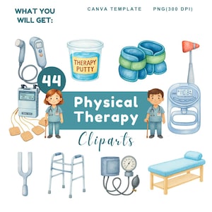 Könnte beinhalten: Aquarell-Illustration von Physiotherapie-Geräten. Enthält ein TENS-Gerät, Therapieknete, Knöchelgewichte, einen Reflexhammer und ein Blutdruckmessgerät. Der Text "Physical Therapy Cliparts" ist ebenfalls vorhanden.