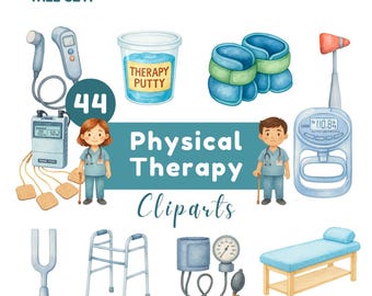 May include: Watercolor illustration of physical therapy equipment and tools. Includes a TENS unit, therapy putty, ankle weights, reflex hammer, and a blood pressure monitor. The text "Physical Therapy Cliparts" is also present.