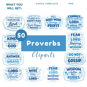 May include: A digital download graphic set of 50 Proverbs cliparts. Each clipart features a quote from Proverbs, in a cloud-shaped design with blue and white accents. The text "Proverbs Cliparts" is also included.