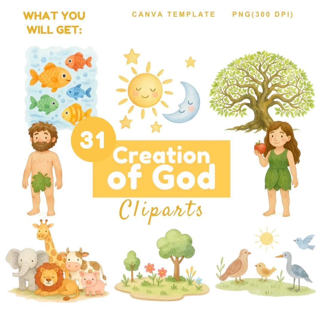 Adam and Eve , Genesis Creation Clipart Bundle: Watercolor Bible Story (PNG, Canva Template)
