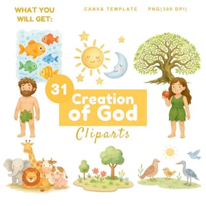 Può includere: Set di clipart ad acquerello con illustrazioni di Adamo, Eva, animali, pesci, sole, luna e un albero. Il testo "Creation of God Cliparts" è in giallo. L'immagine è etichettata "What You Will Get" e "PNG(300 DPI)".
