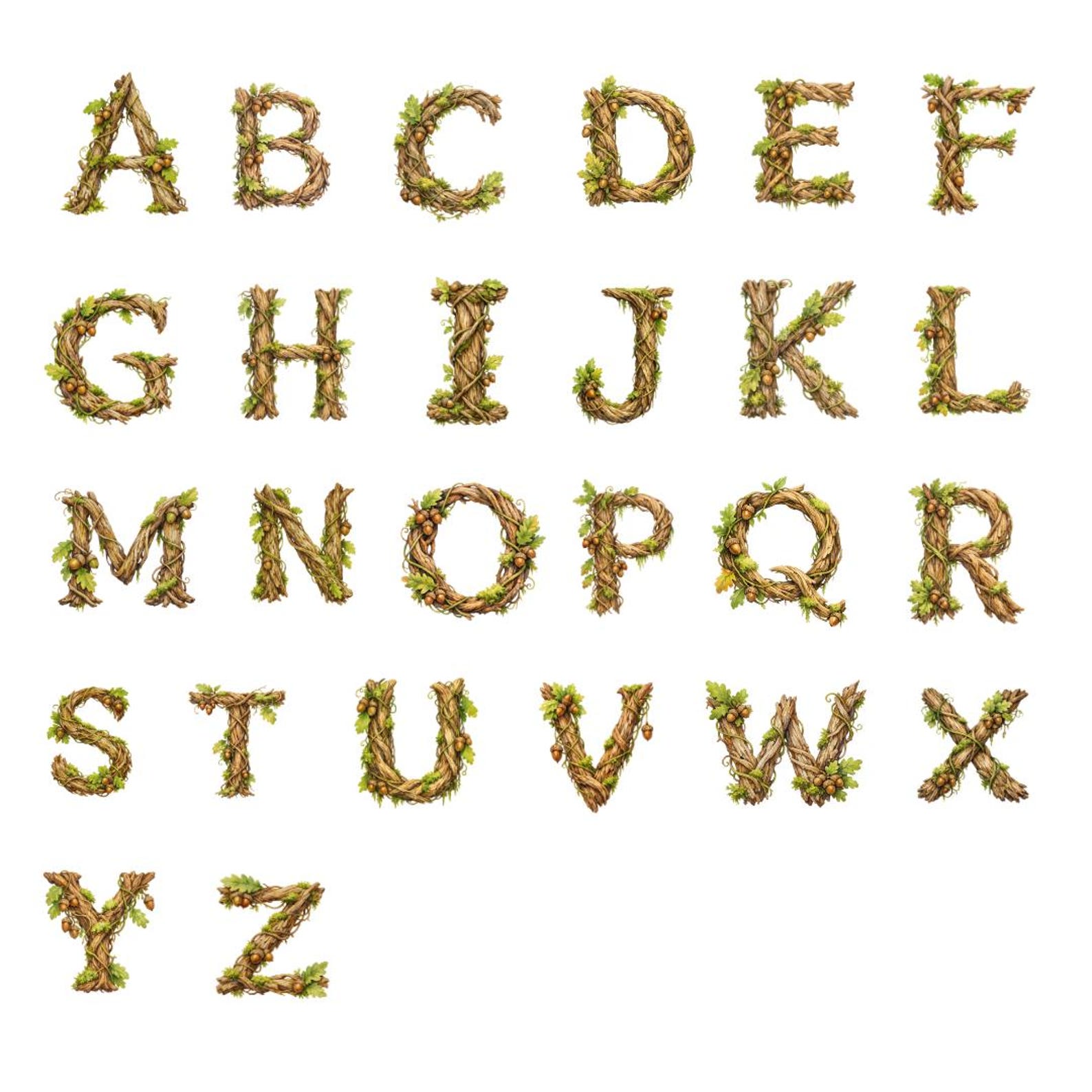 Woodland Alphabet Clipart PNG – Forest ABC Letters, Moss, Plants ...