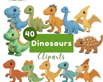 May include: A collection of 40 dinosaur cliparts in various colors, including blue, green, orange, and yellow. The image includes text that says "What You Will Get", "Dinosaurs", and "Cliparts".