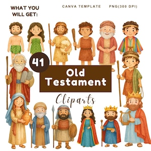 Könnte beinhalten: Aquarell-Clipart-Set mit 41 Charakteren aus dem Alten Testament. Das Bild zeigt Illustrationen biblischer Figuren wie Adam und Eva, Moses sowie verschiedene Könige und Königinnen. Der Text "Old Testament Cliparts" ist zu sehen.