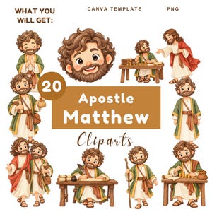 Pakiet akwarelowych clipartów Apostoła Mateusza, Postać biblijna w formacie PNG, Jezus i Mateusz, Niedzielna Szkoła Chrześcijańska w wersji cyfrowej do pobrania