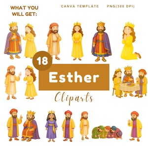 Może przedstawiać: Zbiór 18 klipartów z postaciami z historii Estery. Ilustracje przedstawiają królów, królowe i inne postacie w różnych pozach, z tekstem "Esther Cliparts".