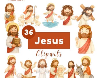 Watercolor Jesus Clipart Bundle: Christian Art, Lamb, Cross (Digital Download PNG)
