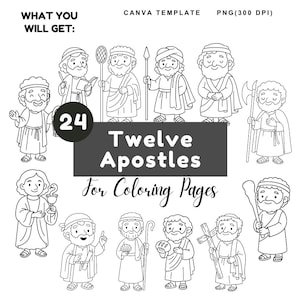 Puede incluir: Ilustración en blanco y negro de doce apóstoles, cada uno con objetos simbólicos. La imagen incluye el texto "Twelve Apostles For Coloring Pages", "WHAT YOU WILL GET:" y "24".
