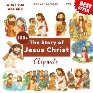Può includere: Una collezione digitale di illustrazioni in stile acquerello che raffigurano scene della vita di Gesù Cristo. Il set include oltre 100 clipart con varie figure bibliche, incluso Gesù, in un'estetica da cartone animato con il testo The Story of Jesus Christ.