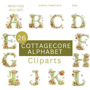 Cottagecore Alfabet Clipart PNG – Blommiga skogsmark ABC-bokstäver, svampar, vildblommor, vintage sagoboksalfabet