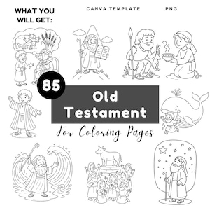 Könnte beinhalten: Schwarz-Weiß-Illustrationen von Szenen aus dem Alten Testament. Das Bild enthält den Text "Old Testament for Coloring Pages" und "What You Will Get: 85". Die Illustrationen zeigen biblische Figuren und Ereignisse.