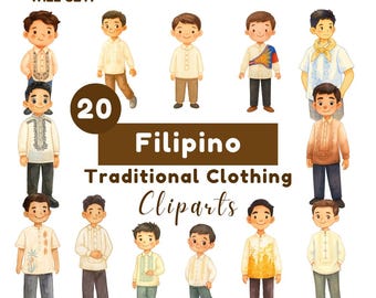 Filipino Traditional Clothes Clipart Collection: Baro't Saya, Barong Tagalog (PNG Files, Canva Template)