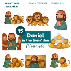 Daniel and the lions den cliparts bundle biblical digital bible story cute watercolor illustration christian transparent sticker SVG PNG