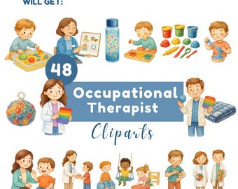 May include: A collection of watercolour clipart illustrations related to occupational therapy. The image includes children playing with toys, therapists, and therapy tools. Text reads "Occupational Therapist Cliparts".