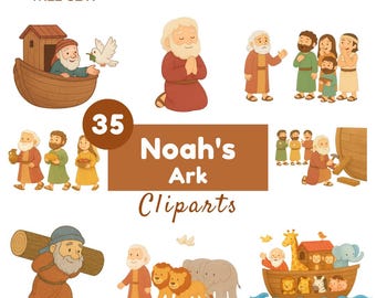Noah's Arche Clipart Set: Aquarell Illustrationen zur Bibelgeschichte (PNG, SVG, Canva Template)