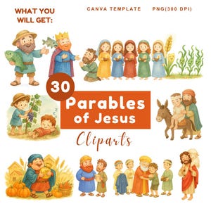 May include: Watercolor illustrations of Bible parables. The image includes various scenes with characters, including a man with a fish, a king, and people in robes. Text reads "30 Parables of Jesus Cliparts."