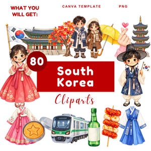 Peut inclure: Une collection numérique d'illustrations sur le thème de la Corée du Sud comprenant des personnages en hanbok traditionnel, un temple, une pagode, un train, une bouteille de soju, de la nourriture de rue et un parapluie jaune.