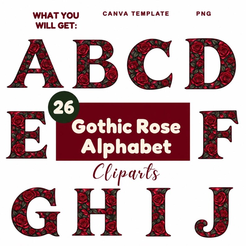 Gothic Rose Alphabet Clipart PNG – Watercolor ABC Letters, Halloween ...