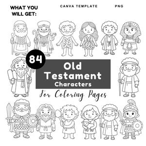 Może przedstawiać: Czarno-białe ilustracje postaci ze Starego Testamentu, w tym postacie z laskami, mieczami i tarczami. Obraz zawiera tekst "Old Testament Characters For Coloring Pages" oraz liczbę "84".