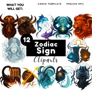 Pacchetto di clipart dei segni zodiacali, Ariete, Toro, Gemelli, Cancro, Leone, Vergine, Bilancia, Scorpione, Sagittario, Capricorno, Acquario, Pesci, PNG trasparenti