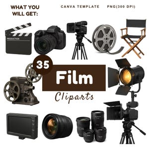 Ensemble de cliparts film, appareils photo argentiques vintage, projecteurs, clap, bandes de film, éclairage principal, photographie Clipart vidéographie Clipart PNG SVG