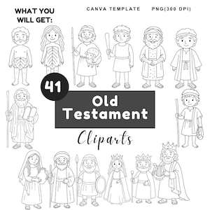 Könnte beinhalten: Eine Sammlung von 41 schwarz-weißen Strichzeichnungen mit Figuren aus dem Alten Testament. Der Text lautet "WHAT YOU WILL GET: CANVA TEMPLATE PNG(300 DPI) 41 Old Testament Cliparts". Die Figuren tragen Gewänder, Kronen und halten Gegenstände wie Stäbe, ein Schaf und eine Harfe.