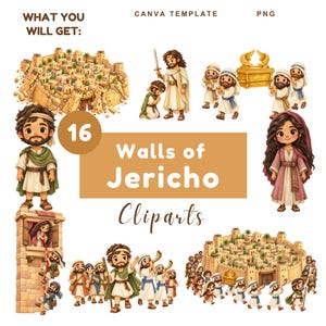 Può includere: Una collezione digitale di 16 clipart Walls of Jericho con illustrazioni in stile cartone animato di antiche strutture cittadine, figure in tunica, l'Arca dell'Alleanza e scene di persone che scalano le mura. Il testo include WHAT YOU WILL GET, CANVA TEMPLATE, PNG, 16, Walls of Jericho e Cliparts.