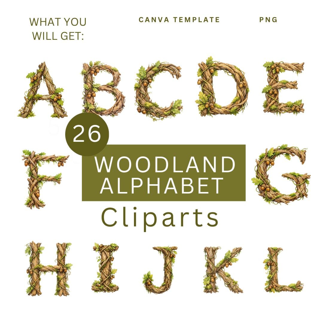 Woodland Alphabet Clipart PNG – Forest ABC Letters, Moss, Plants ...
