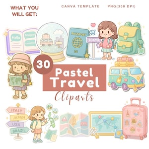 Pastel Travel Clipart: Watercolor Landmarks, Suitcases (PNG Files, Digital Download