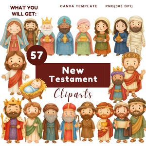 Puede incluir: Una colección de 57 cliparts del Nuevo Testamento. La imagen presenta varias ilustraciones de dibujos animados de figuras bíblicas, incluyendo a Jesús, los Reyes Magos y otros personajes. El título "New Testament Cliparts" se muestra en una pancarta granate.