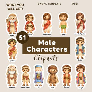 Puede incluir: Una colección digital de 51 imágenes prediseñadas de personajes masculinos que ilustran figuras de relatos bíblicos. Cada personaje está representado en estilo caricatura con ropa, accesorios y nombres distintos, incluyendo Moisés, Gedeón, Jesucristo, Adán, Juan el Apóstol, Apolos, Daniel, Abraham, David, Elí, Elías, Samuel y José.