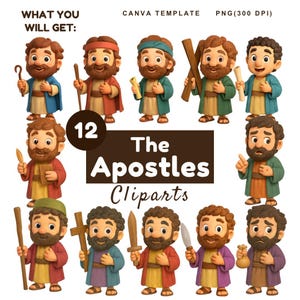 Whimsical 3D Cartoon Style 12 Apostles Clipart Kid-Friendly, the 12 Apostles Illustration PNG Peter Simon John James Judas Thomas Matthew