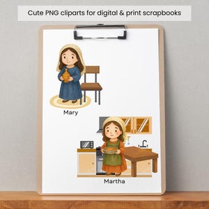 Puede incluir: Conjunto de im&aacute;genes predise&ntilde;adas digitales con dos personajes ilustrados en un portapapeles. El personaje superior, etiquetado como Mary, viste un vestido azul y un pa&ntilde;uelo, sosteniendo un recipiente dorado. El personaje inferior, etiquetado como Martha, viste un vestido naranja y un delantal verde en una cocina.
