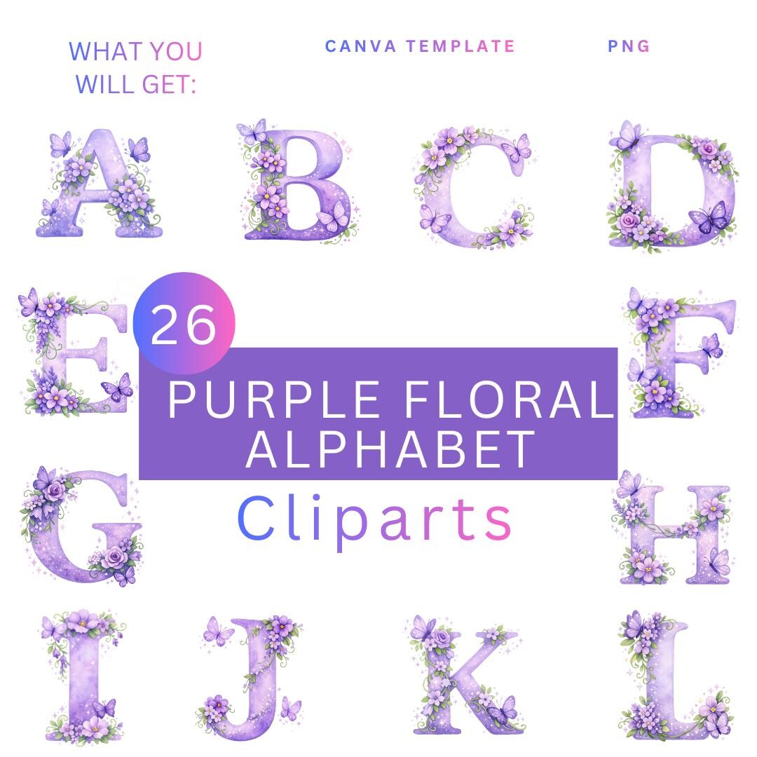 Purple Floral Alphabet Clipart Set – 15 PNG Flowers, Canva Template ...
