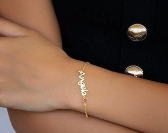 Name Bracelet with Birthstone, Gold Personalized Name Bracelet, Personalized Birthstone Bracelet, Gift for Her, Dainty Name Bracelet Gift