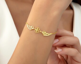 Guardian Angel, Birthday or Memorial Sympathy Gift for Her, Memorial Gift, Mother of An Angel, Angel Wings Bracelet, Birthflower Bracelet,